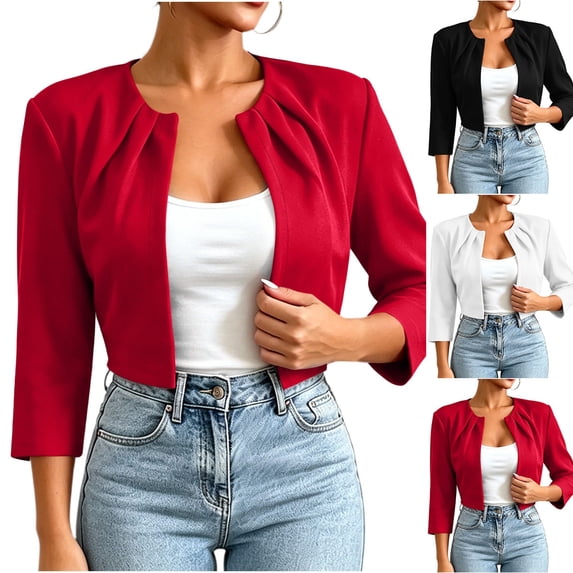 VBVC Women's 3/4 Sleeve Cropped Bolero Jacket , Ladies' Ruched Dressy Casual Shrug Cardigan , Lightweight Work Party Outerwear For Women, Red , XS-XL