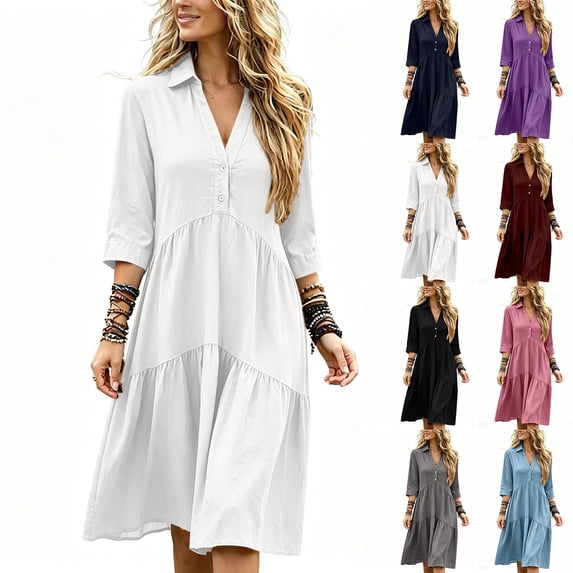 VBVC Women's 3/4 Sleeve Tiered Shirt Dress , Ladies' Casual Loose Button Down Midi Dress , V Neck Collared Daily Dresses For Women,Black,S-2XL