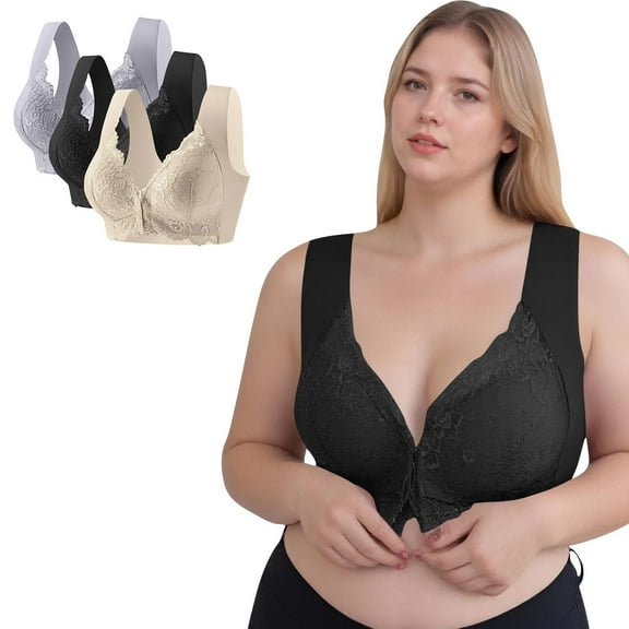 VBVC Women's 3 Pack Front-Closure Lace Bralette,Ladies Adjustable Full Coverage T-Shirt Bra,Supportive Everyday Bralette For Women,Beige,Size L