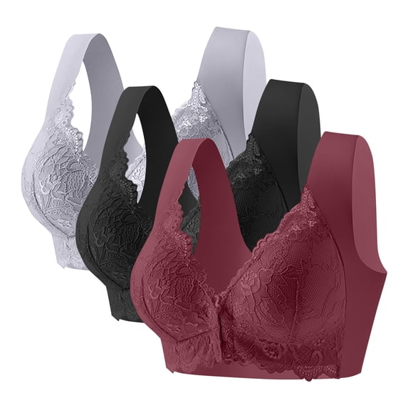 VBVC Women's 3 Pack Front-Closure Lace Bralette,Ladies Adjustable Full Coverage T-Shirt Bra,Supportive Everyday Bralette For Women,Wine,Size L