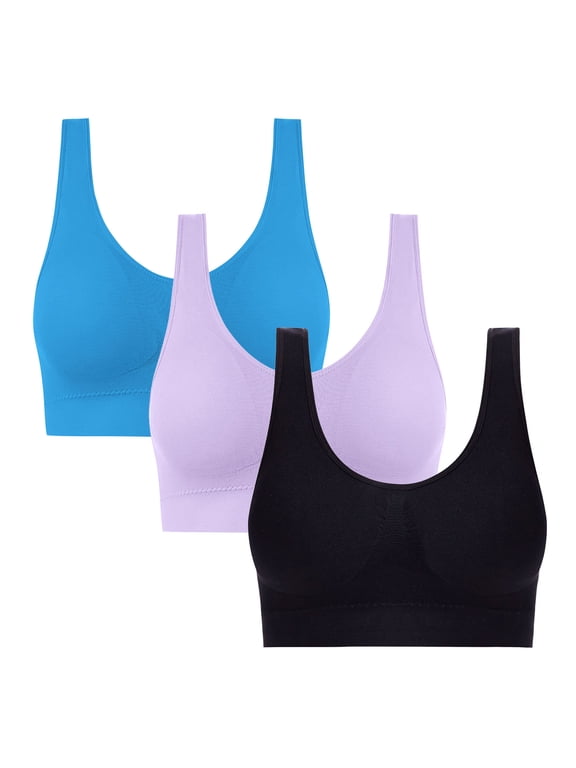 Women's 3 Pack Seamless Yoga Bra,Pull Up Bralette For Women,Ladies Traceless Sport Lingerie,Blue,Size L