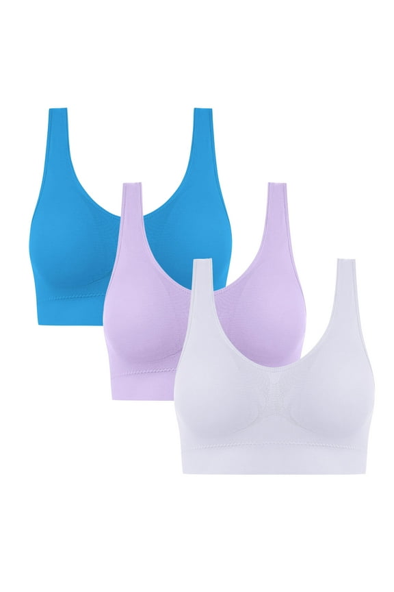 Women's 3 Pack Seamless Yoga Bra,Pull Up Bralette For Women,Ladies Traceless Sport Lingerie,Blue,Size L