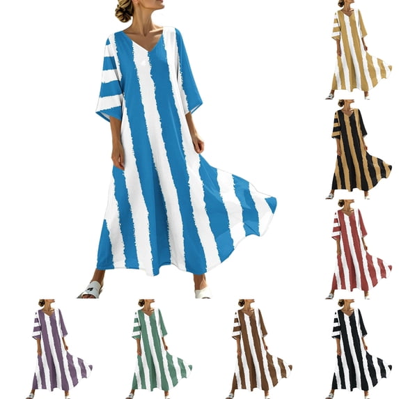 VBVC Women's Abstract Striped V-Neck Maxi Dress,Ladies 3/4 Sleeve Loose Fit Caftan,Casual Flowy Summer Beach Kaftan Dress For Women,Black,S-3XL