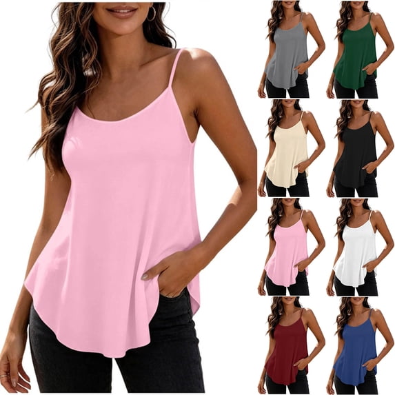 VBVC Women's Adjustable Strap Crew Neck Camisoles , Ladies' Lightweigh Curved Hem Tank Tops , Casual Summer Sleeveless Shirts For Women,Blue,S-2XL