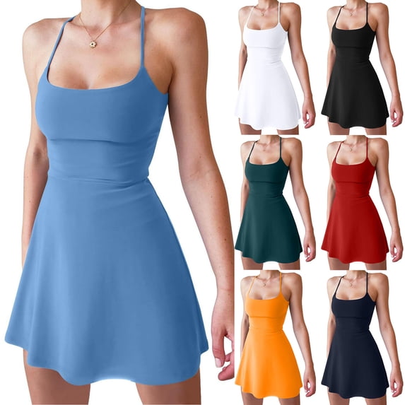 VBVC Women's Adjustable Strap Mini Dress,Ladies Square Neck Sleeveless Tennis Dress with Built-in Shorts for Workout Golf,Red,S-XL