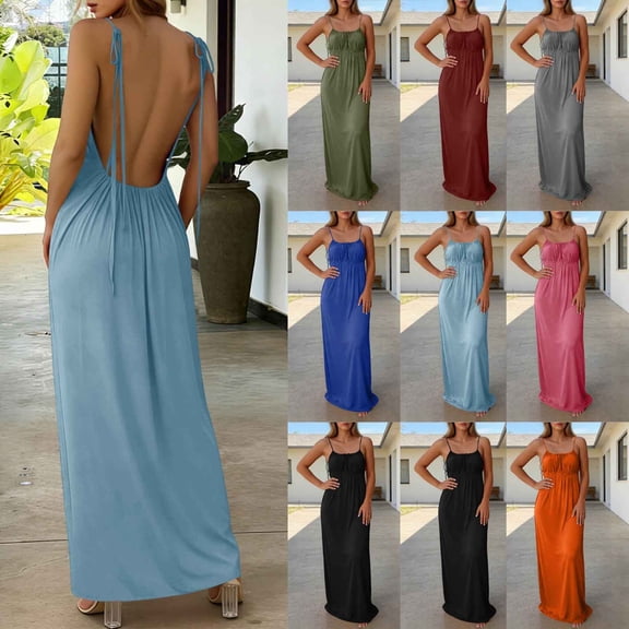 VBVC Women's Backless Adjustable Strap Maxi Dress,Ladies Ruched Bust Flowy Long Dress,Casual Summer Beach Sundress For Women,Light Blue,S-2XL