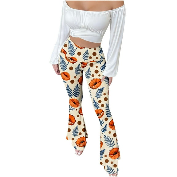 VBVC Women's Boho Floral Flare Pants,Ladies Tummy Control Sweatpants,Breathable Stretchy Trousers For Women,Beige,Size L