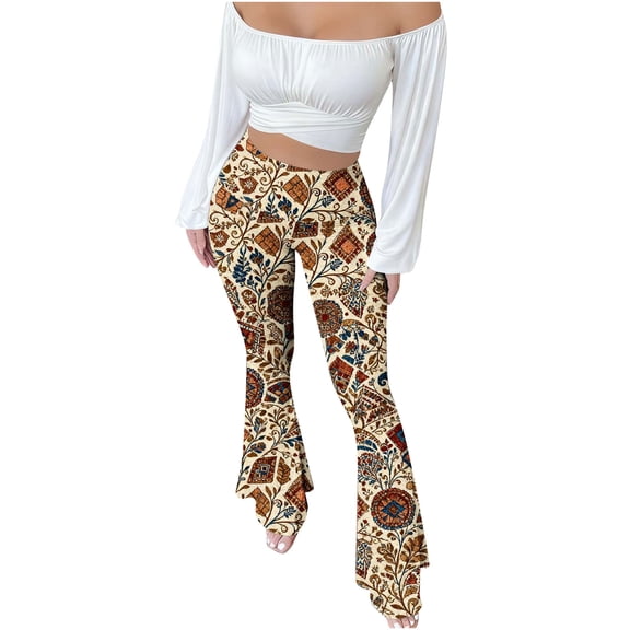 VBVC Women's Boho Floral Flare Pants,Ladies Tummy Control Sweatpants,Breathable Stretchy Trousers For Women,Beige,Size M