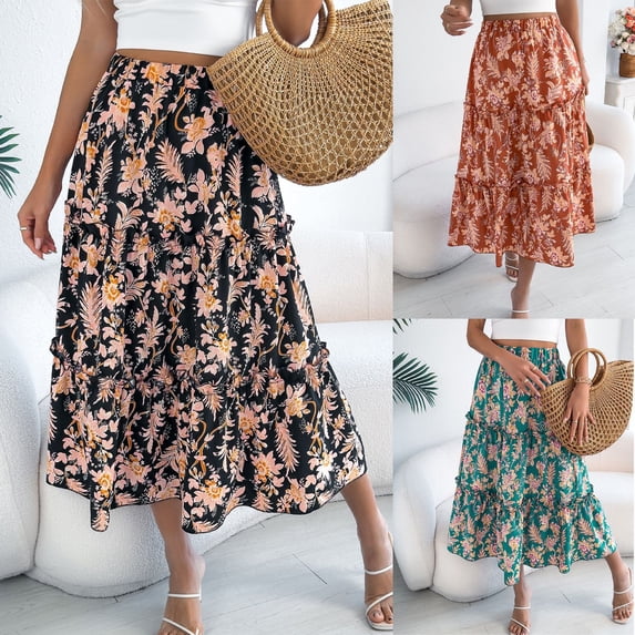 VBVC Women's Boho Floral Tiered Midi Skirt,Ladies High Waist Ruffle Skirt,Summer Daily A-Line Skirt For Women,Orange,S-XL