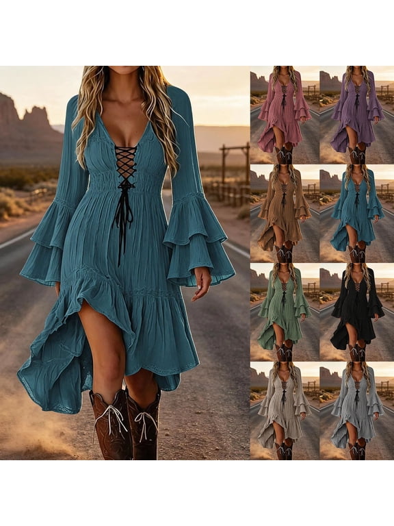 Women's Boho Lace Up High Low Midi Dress , Western Cowgirl Bell Sleeve Dresses For Women, S-2XL