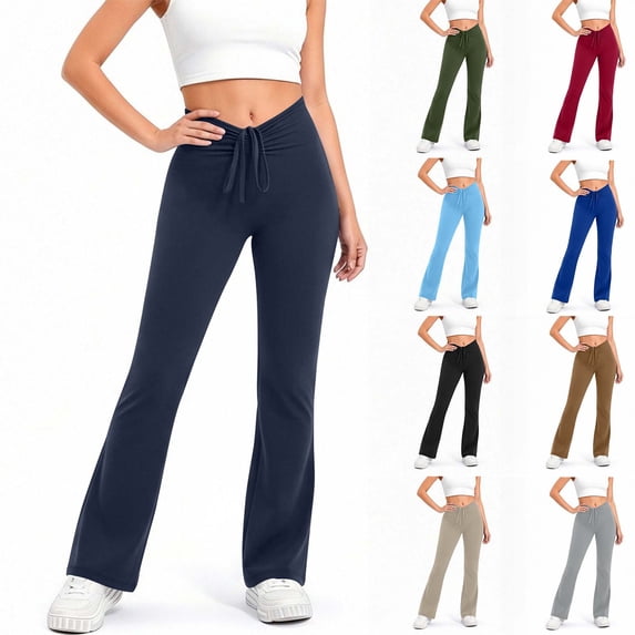 VBVC Women's Butt Lift Flared Leggings,Ladies Drawstring Ruched Yoga Pants,Stretchy Workout Bell-Bottom For Women,Blue,S-2XL