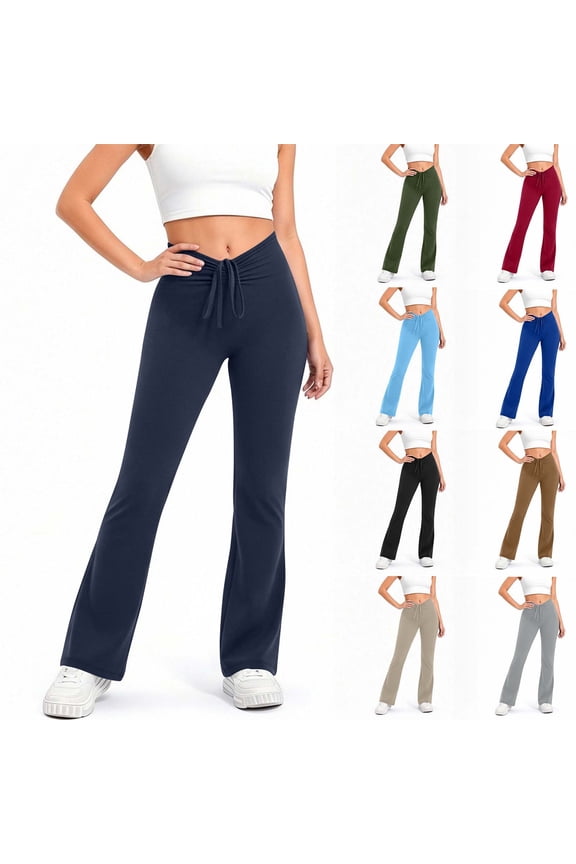 Women's Butt Lift Flared Leggings,Ladies Drawstring Ruched Yoga Pants,Stretchy Workout Bell-Bottom For Women,Blue,S-2XL