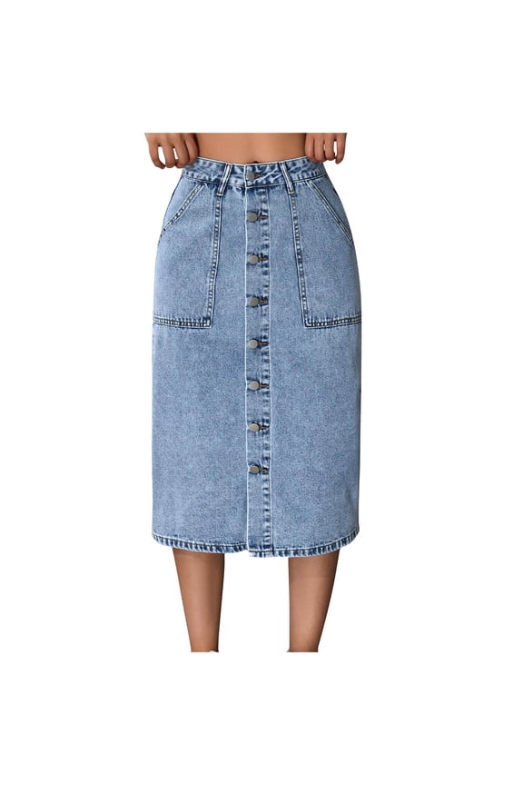 Women's Button Down Denim Midi Skirt,Ladies Baggy Skirt with Pockets,Summer Straight Jean Skirt For Women,Blue,S-XL
