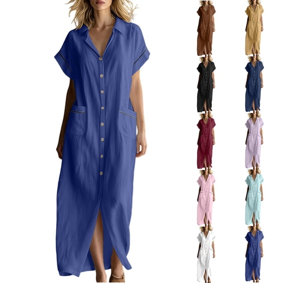 VBVC Women's Button Down Maxi Shirt Dress,Short Sleeve Collared Dress for Women,Ladies Summer V-Neck Work Office Sundress with Pockets,Brown,S-2XL