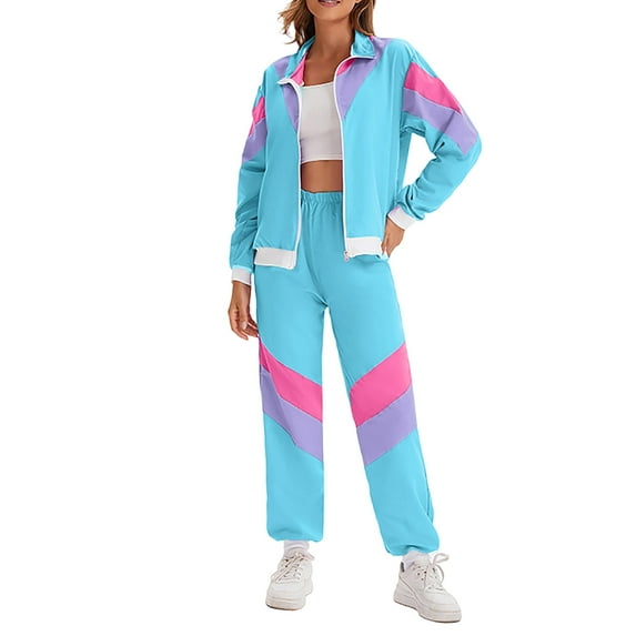 VBVC Women's Carnival 2 Piece Tracksuit,80s 90s Windbreaker Jacket and Jogger Pants,Colorblock Hip Hop Outfit For Women,Blue,Size S