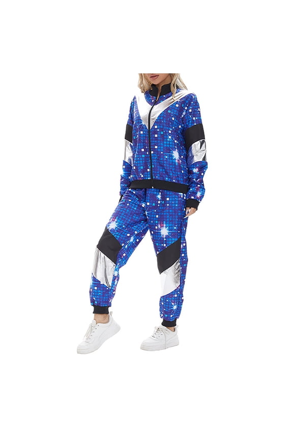 Women's Carnival 2 Piece Tracksuit,80s 90s Windbreaker Jacket and Jogger Pants,Colorblock Hip Hop Outfit For Women,Blue,Size XL