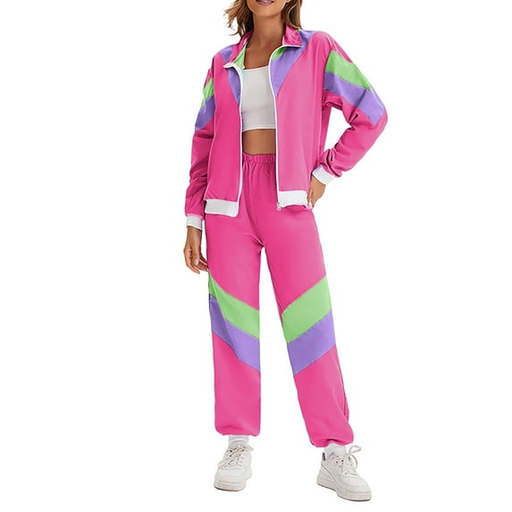 VBVC Women's Carnival 2 Piece Tracksuit,80s 90s Windbreaker Jacket and Jogger Pants,Colorblock Hip Hop Outfit For Women,Red,Size XXL
