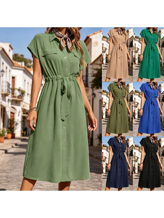 Women's Collared Button Down Shirt Dress , Summer Casual Short Sleeve Midi Dress For Women , Ladies' Tie Waist Work Office Dress with Pockets,Navy,S-2XL
