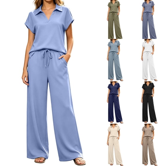 VBVC Women's Collared V-Neck 2 Piece Lounge Set, Casual Summer Tracksuit Outfit with Drawstring Wide Leg Pants and Pockets,Army Green,S-2XL