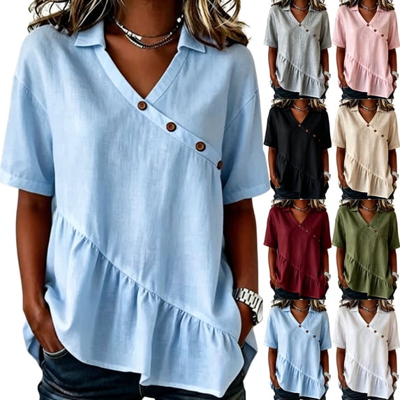 VBVC Women's Collared V-Neck Tunic Blouse, Ladies' Asymmetrical Button Ruffle Hem Shirt,Summer Short Sleeve Top For Women,Army Green,S-2XL
