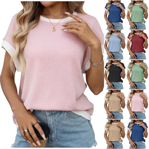 VBVC Women's Color Block Sweater Tops,Ladies Stretchy Cap Sleeve Pullover,Knit Basic Shirts For Women,Black,S-2XL