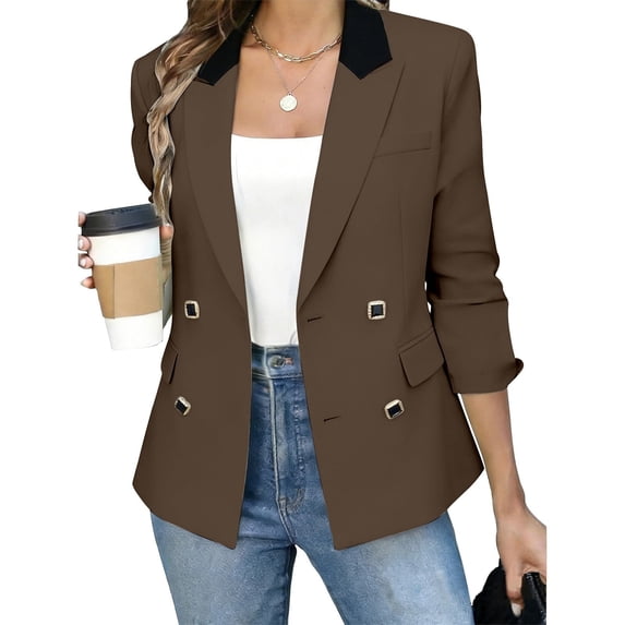 VBVC Women's Contrast Collar Double Breasted Blazer , Notch Lapel Work Coat For Women, Ladies' Long Sleeve Suit Jacket With Pockets, Coffee , XS-2XL