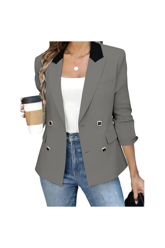 Women's Contrast Collar Double Breasted Blazer , Notch Lapel Work Coat For Women, Ladies' Long Sleeve Suit Jacket With Pockets, Gray , XS-2XL