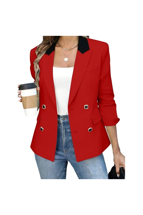 Women's Contrast Collar Double Breasted Blazer , Notch Lapel Work Coat For Women, Ladies' Long Sleeve Suit Jacket With Pockets, Red , XS-2XL