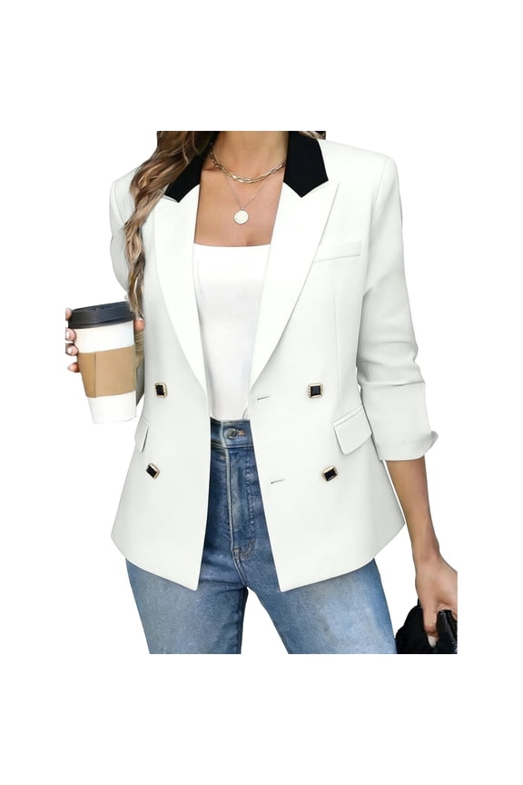 Women's Contrast Collar Double Breasted Blazer , Notch Lapel Work Coat For Women, Ladies' Long Sleeve Suit Jacket With Pockets, White , XS-2XL