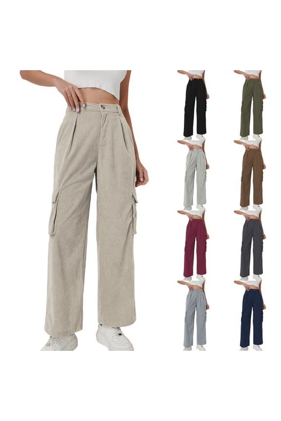 Women's Corduroy Cargo Sweatpants,Button-Down Trousers For Women,Ladies Breathable Pull-On Pants with Pockets,Wine,S-2XL