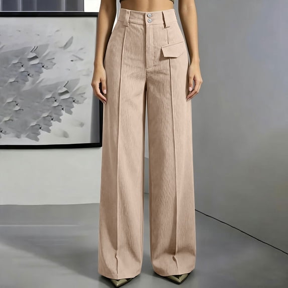 VBVC Women's Corduroy High Waisted Trousers , Work Wide Leg Pants For Women , Ladies' Double Button Slacks with Pockets, Khaki , S-3XL
