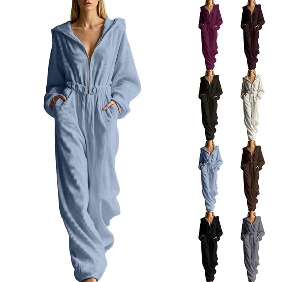 VBVC Women's Corduroy Ribbed Hooded Jumpsuit , Zip Up Wide Leg Onesie For Women , Ladies' Casual Baggy Romper with Pockets, Blue , S-3XL