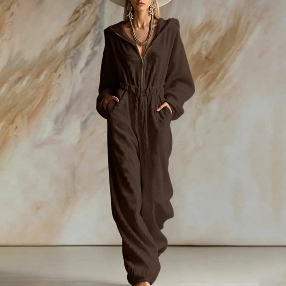 VBVC Women's Corduroy Ribbed Hooded Jumpsuit , Zip Up Wide Leg Onesie For Women , Ladies' Casual Baggy Romper with Pockets, Brown , S-3XL