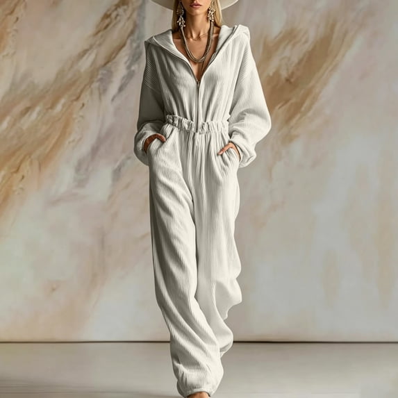 VBVC Women's Corduroy Ribbed Hooded Jumpsuit , Zip Up Wide Leg Onesie For Women , Ladies' Casual Baggy Romper with Pockets, White , S-3XL