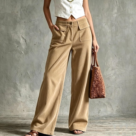 VBVC Women's Corduroy Wide Leg Pants , Fall Winter Button Front Trousers For Women , Ladies' Wide Leg Work Joggers with Flap Pockets, *Khaki , Small