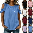 thumbnail image 1 of VBVC Women's Cotton Blend Cold Shoulder Blouse, Ladies' Crew Neck Ruffle Sleeve Top, Casual Button Detail Shirt For Women,Black,S-2XL, 1 of 7