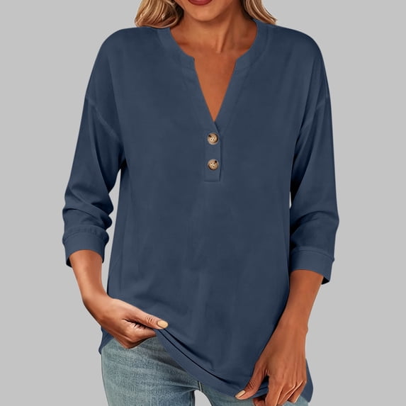 VBVC Women's Cotton Linen 3/4 Sleeve Tunic Top , Ladies' V Neck Henley Pullover Blouse , Soft Comfortable Daily Work Tee For Women, *Navy , X-Large