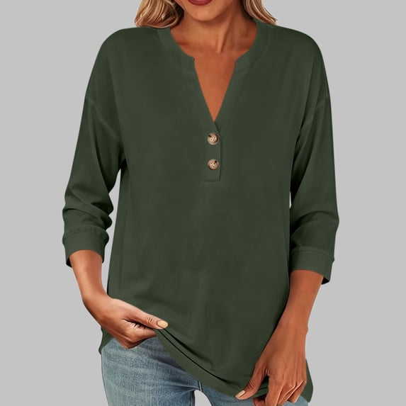 VBVC Women's Cotton Linen 3/4 Sleeve Tunic Top , Ladies' V Neck Henley Pullover Blouse , Soft Comfortable Daily Work Tee For Women, S-2XL