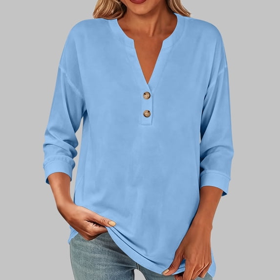 VBVC Women's Cotton Linen 3/4 Sleeve Tunic Top , Ladies' V Neck Henley Pullover Blouse , Soft Comfortable Daily Work Tee For Women, S-2XL