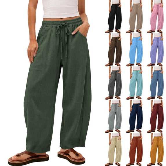 VBVC Women's Cotton Linen Barrel Leg Pants , Casual Drawstring Baggy Trousers For Women , Ladies' Summer Beach Pants with Pockets, Khaki , S-3XL
