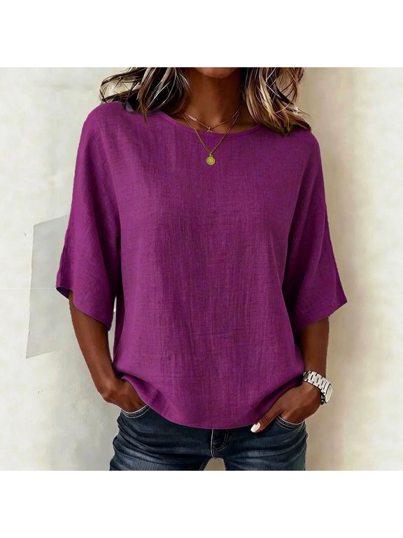 Women's Cotton Linen Batwing Half Sleeve Top , Ladies' Crew Neck Drop Shoulder Blouse , Casual Tunic Shirts For Women, S-3XL