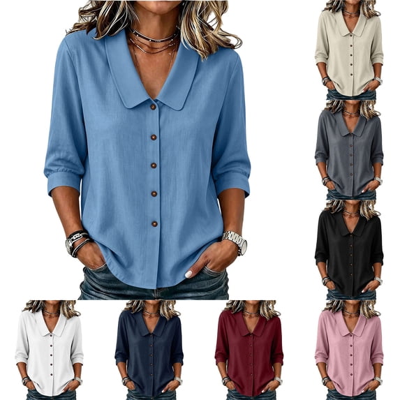 VBVC Women's Cotton-Linen Button Down Blouse , Ladies' Peter Pan Collar 3/4 Sleeve Top , Office Work Summer Shirts For Women,Pink,S-2XL