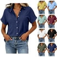 thumbnail image 1 of VBVC Women's Cotton Linen Button Down Blouse , Ladies' V Neck Short Sleeve Work Shirt , Summer Loose Fit Solid Tunic Top For Women, Wine , S-2XL, 1 of 8