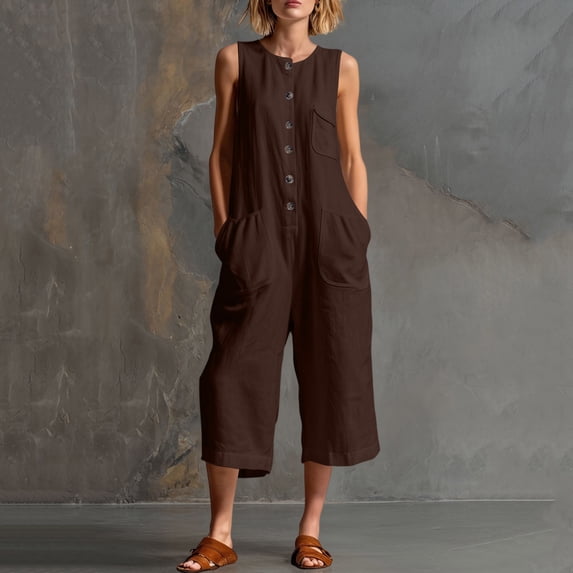 VBVC Women's Cotton Linen Button Down Jumpsuits , Summer Sleeveless Rompers For Women , Ladies' Wide Leg One-Pieces Capri with Pockets,Brown,S-2XL