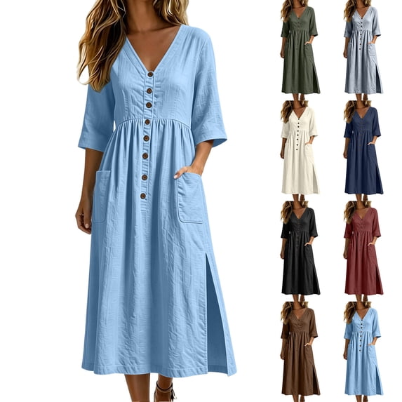 VBVC Women's Cotton Linen Button Down Midi Dress , V Neck Half Sleeve Pleated Dress For Women , Ladies' Summer Side Slit Dresses with Pockets, S-2XL