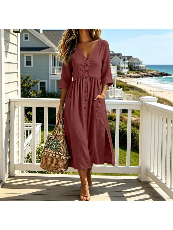 Women's Cotton Linen Button Down Midi Dress , V Neck Half Sleeve Pleated Dress For Women , Ladies' Summer Side Slit Dresses with Pockets, S-2XL