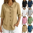 thumbnail image 1 of VBVC Women's Cotton Linen Button Down Shirt , Ladies' Peter Pan Collar Short Sleeve Blouse , Casual Summer Work Tops For Women, S-2XL, 1 of 7