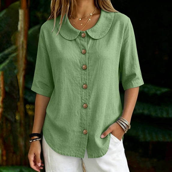 VBVC Women's Cotton Linen Button Down Shirt , Ladies' Peter Pan Collar Short Sleeve Blouse , Casual Summer Work Tops For Women, S-2XL