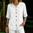 thumbnail image 1 of VBVC Women's Cotton Linen Button Down Shirt , Ladies' Peter Pan Collar Short Sleeve Blouse , Casual Summer Work Tops For Women, S-2XL, 1 of 6