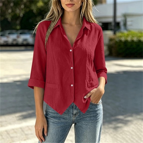 VBVC Women's Cotton Linen Button Down Shirts , Asymmetrical Hem Blouses For Women , Ladies' Collared 3/4 Sleeve Tops, S-2XL